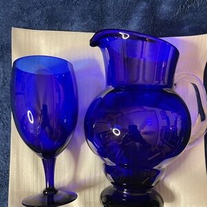 Cobalt Blue Pitcher W/Clear Handle and Set Of 2 Tumbler Set